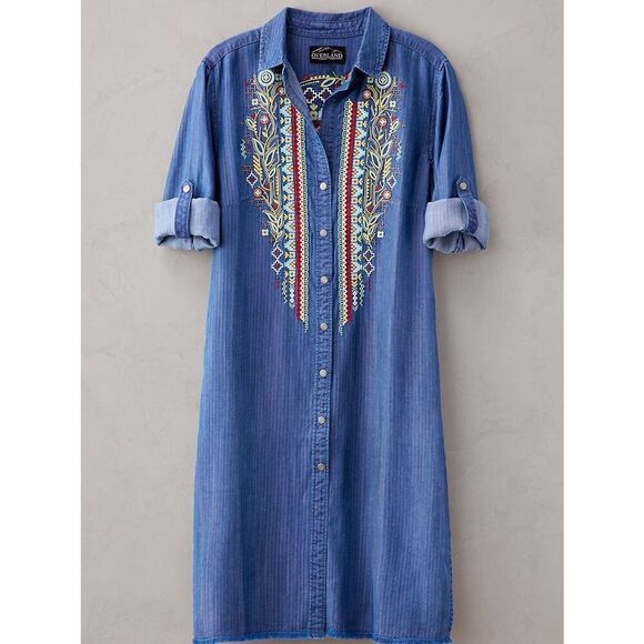Overland Dresses & Skirts - Overland Carly Embroidered Tencel Shirt Dress in River Blue Size XS